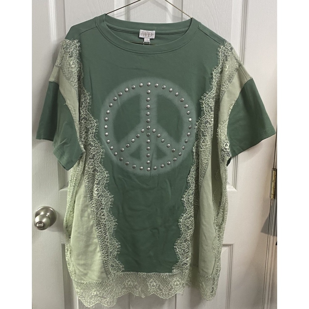 Whiskey Darling Retro Rules Peace N Graphic Lace Sage Green&Ivory Shirt M-1XL